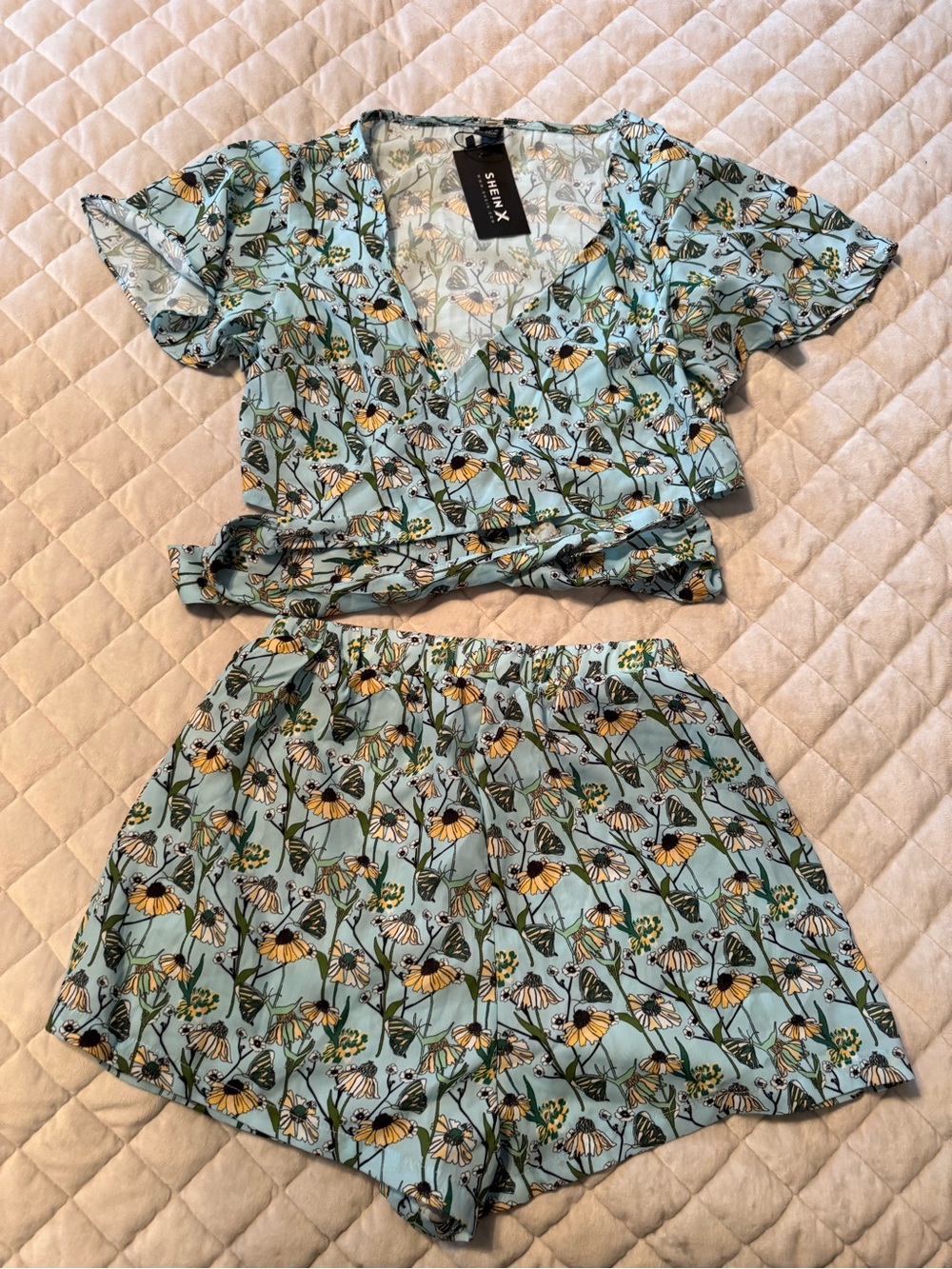 SHEIN Light Blue Floral Crop Top and Shorts Set